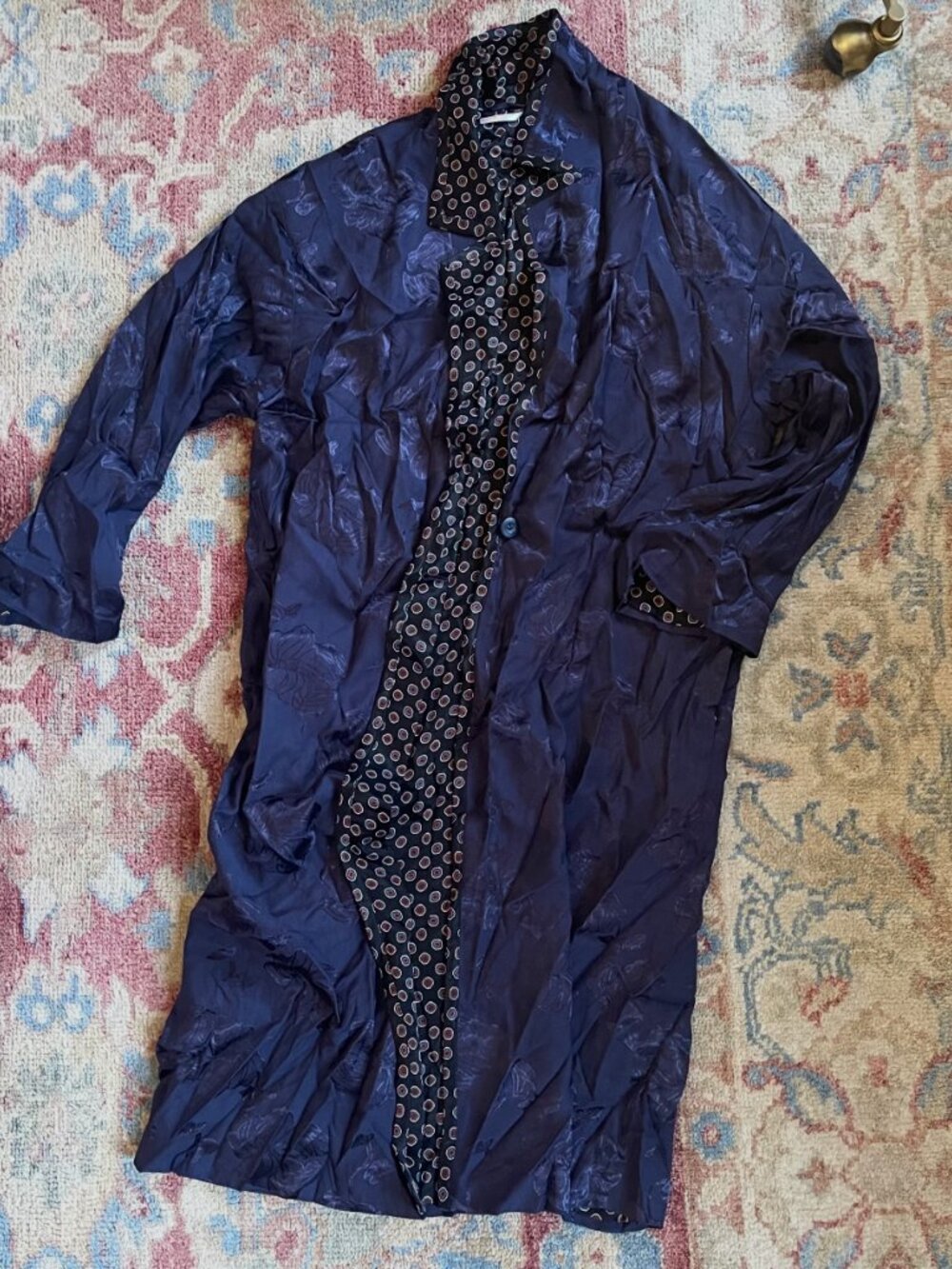 Free People Mixed Print Belted Duster Jacket Navy Boho Robe Coat M